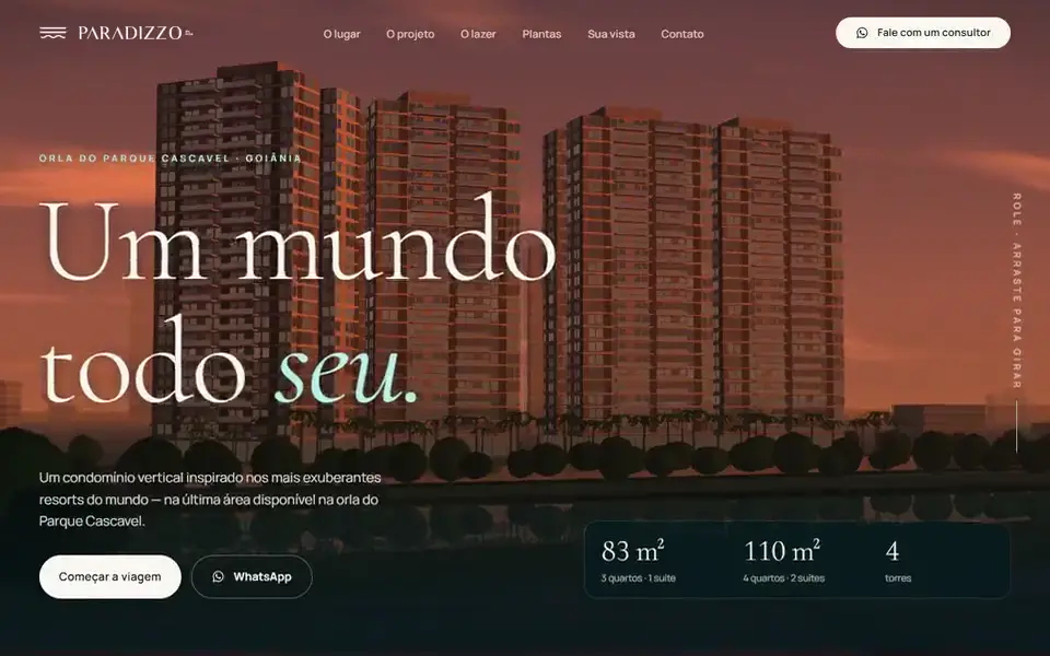 Site do Paradizzo: prédio em 3D ao entardecer, com o título Um mundo todo seu